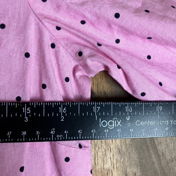 Talbots Womens Blouse Pink Black Polka Dot Ruffle Neck Long Sleeve Petite - Picture 8 of 12